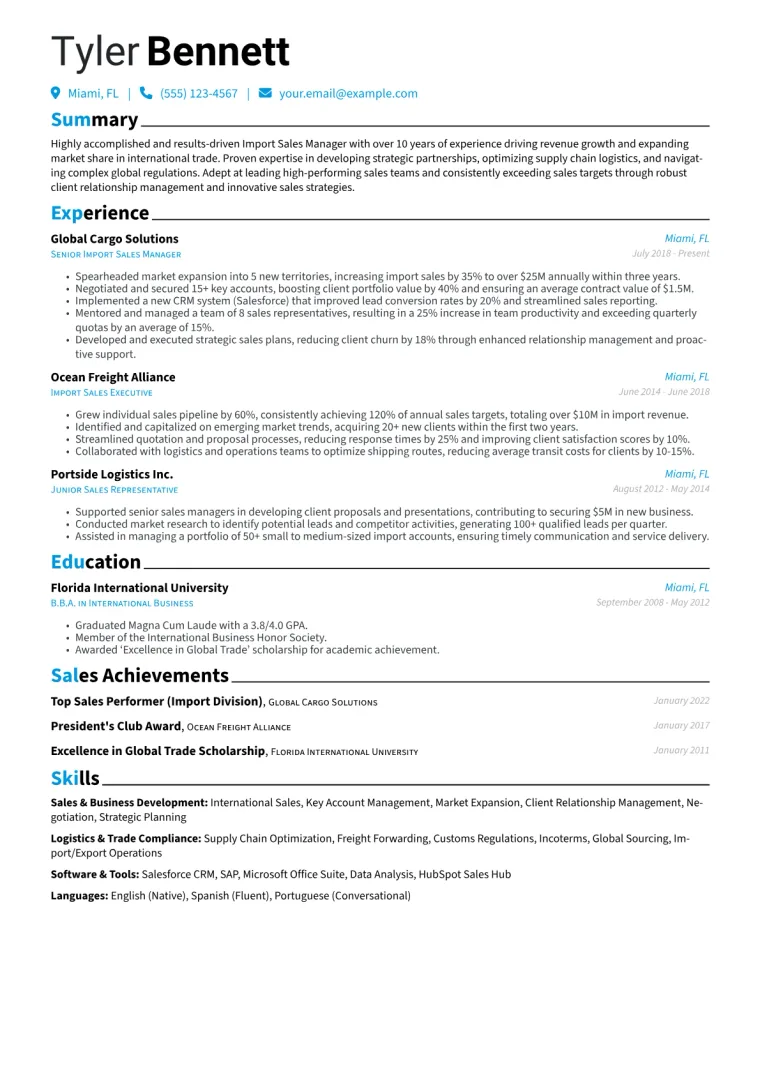 Import Sales Manager Resume Example CV template preview
