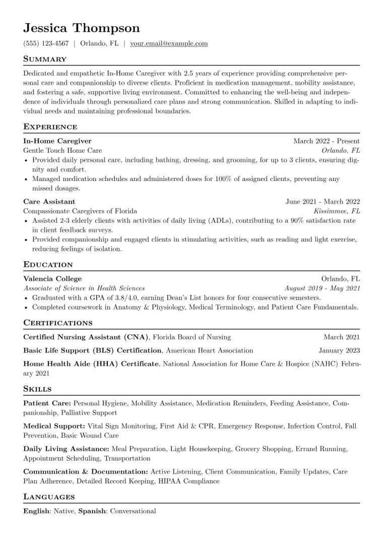 In-Home Caregiver Resume Example CV template preview
