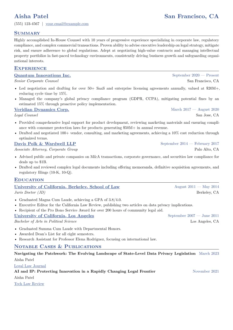 In-House Counsel Resume Example CV template preview