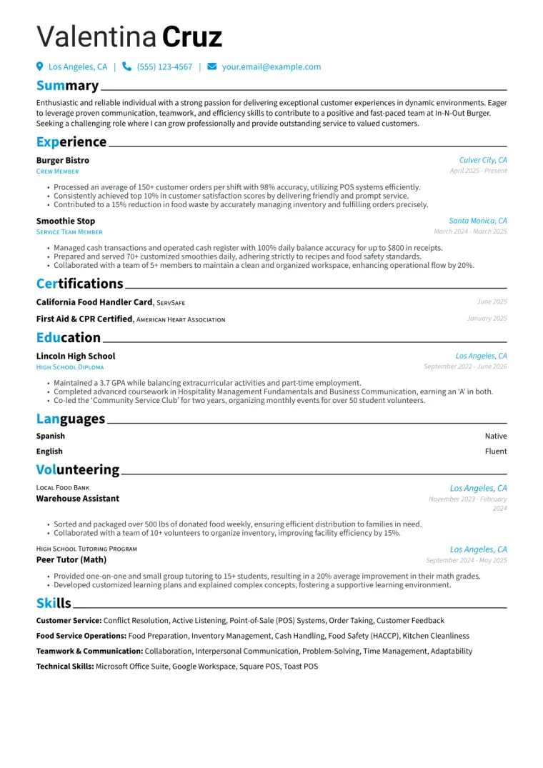 In-N-Out Resume Example CV template preview