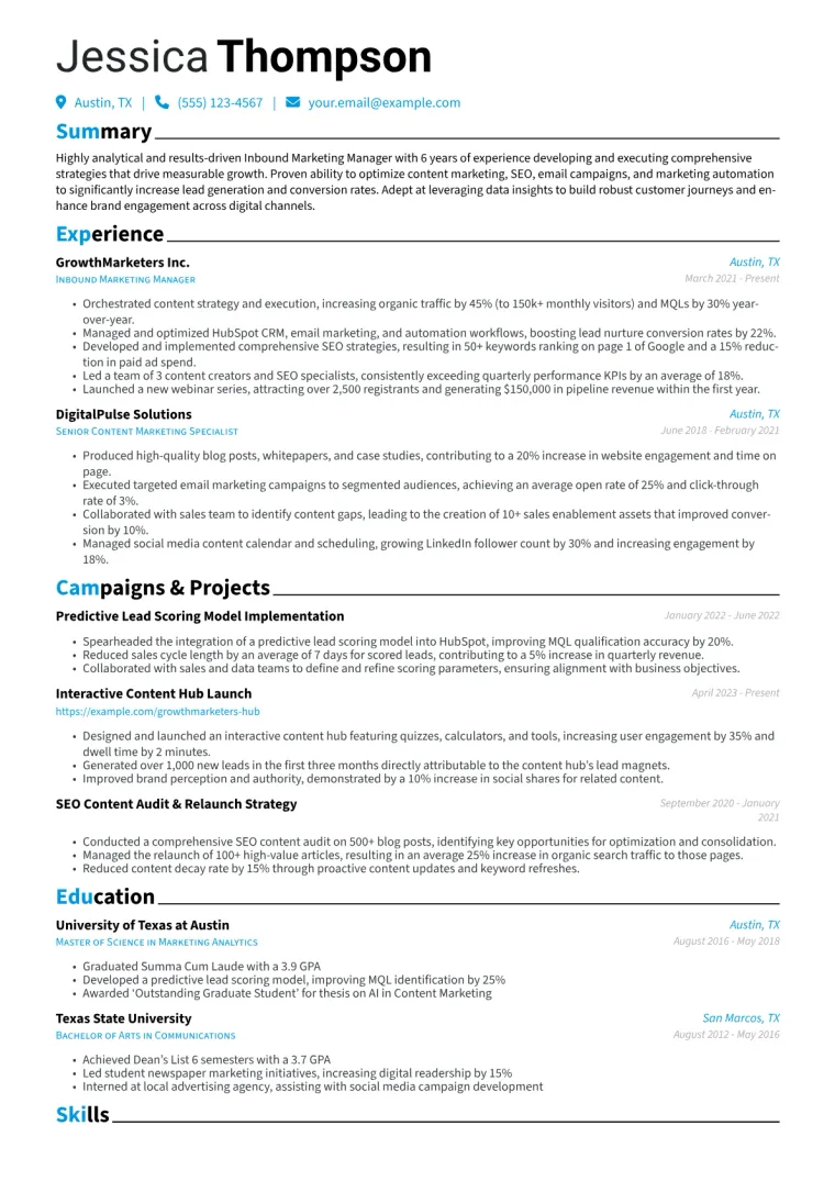 Inbound Marketing Manager Resume Example CV template preview