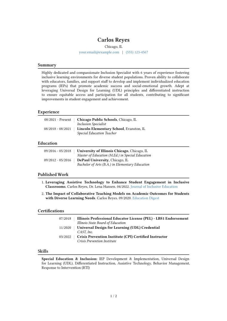 Inclusion Specialist Resume Example CV template preview