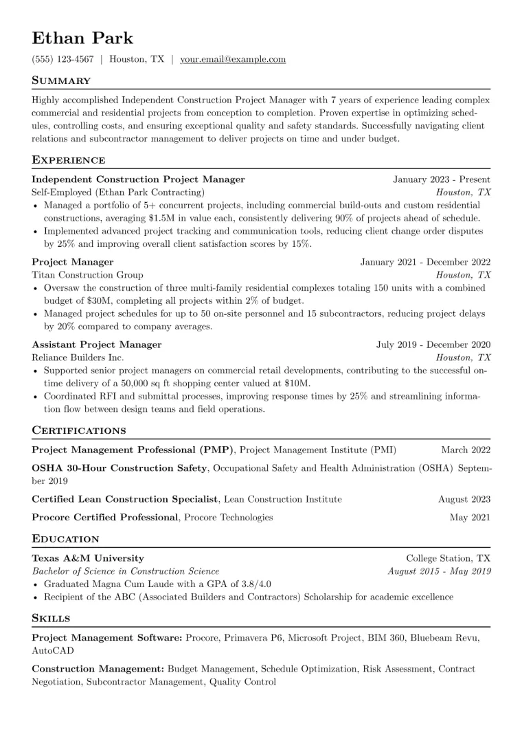 Independent Contractor Resume Example CV template preview
