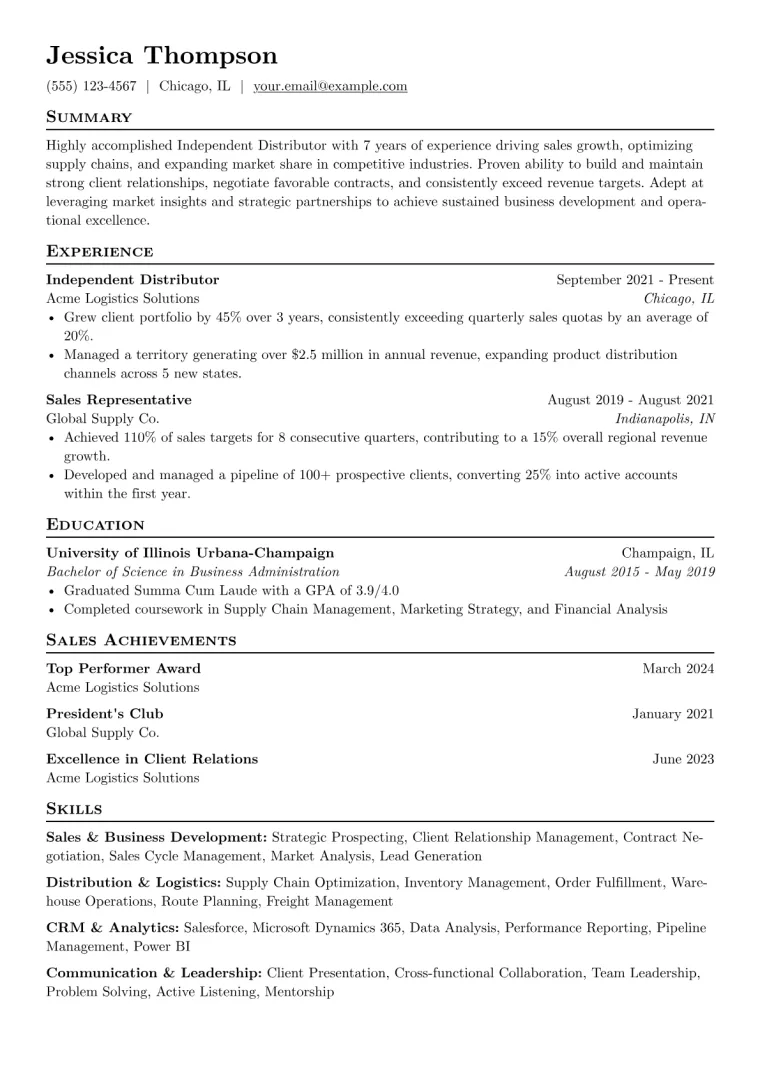 Independent Distributor Resume Example CV template preview