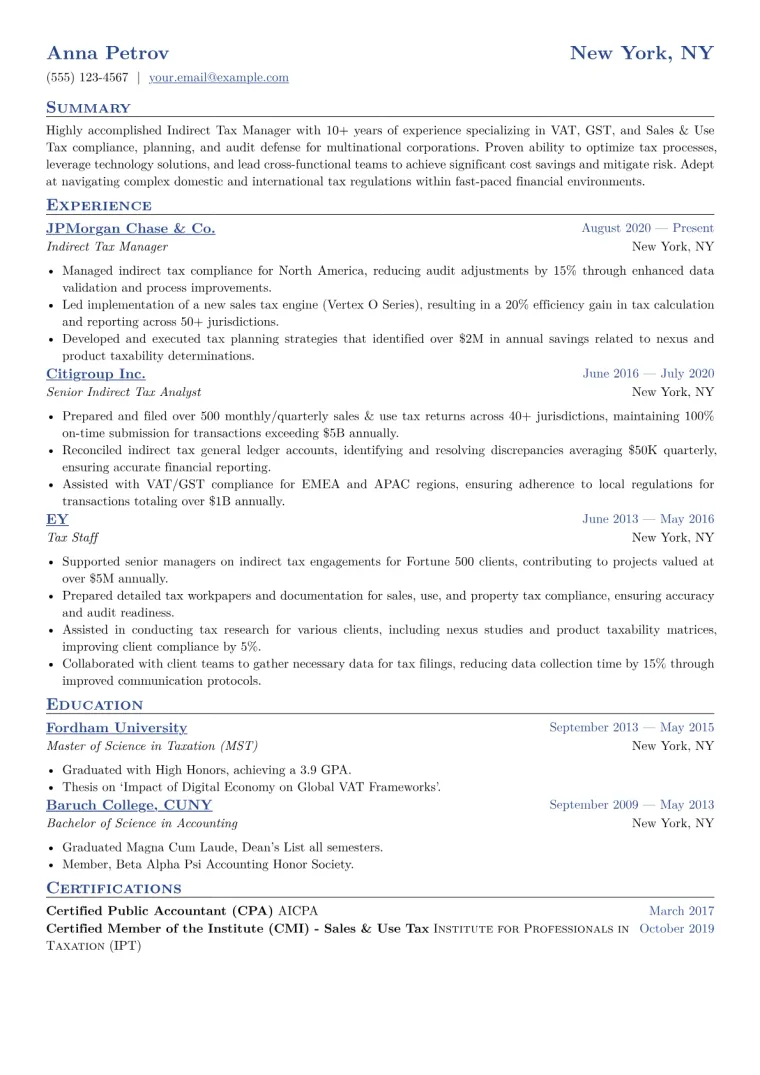 Indirect Tax Manager Resume Example CV template preview