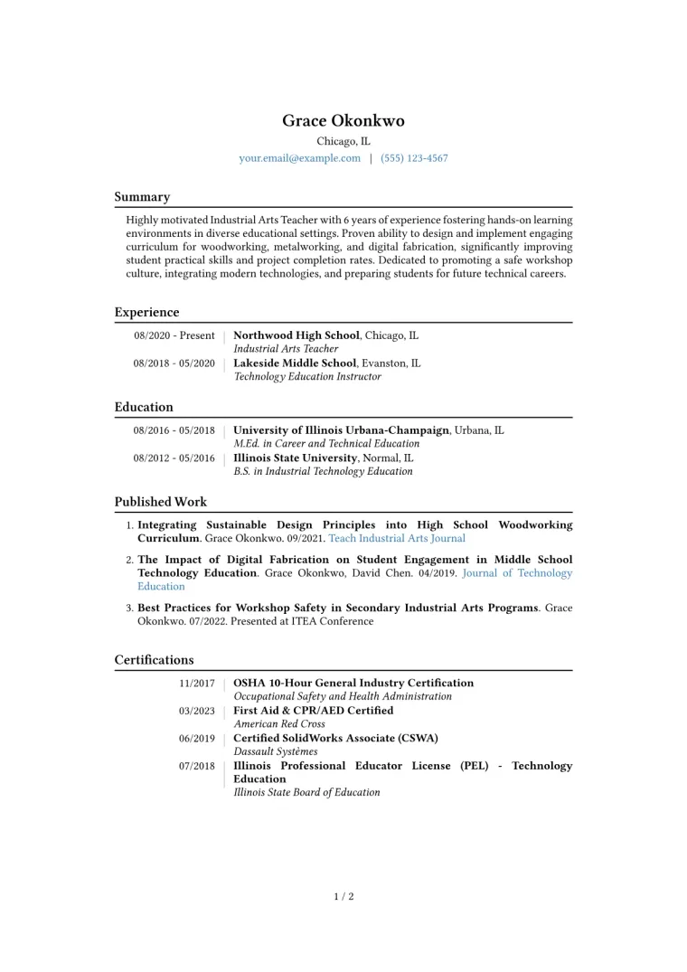 Industrial Arts Teacher Resume Example CV template preview