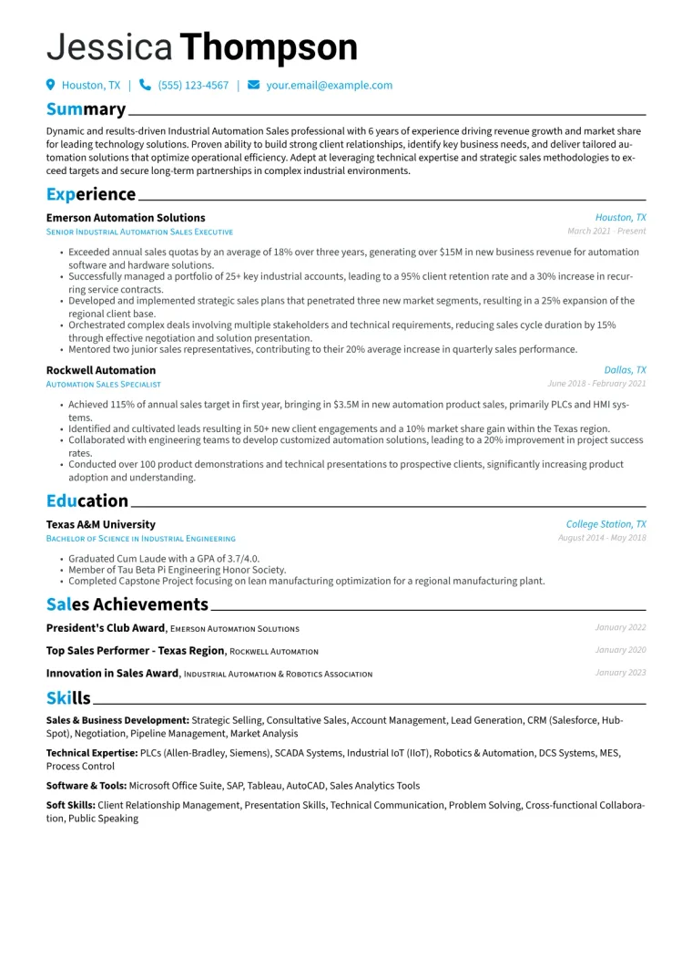 Industrial Automation Sales Resume Example CV template preview