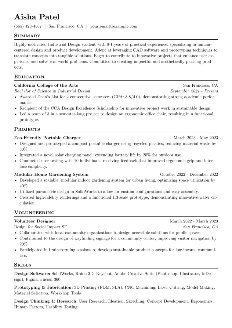 Industrial Design Student Resume Example CV template preview