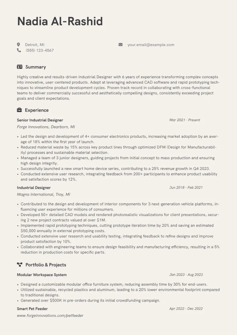 Industrial Designer Resume Example CV template preview