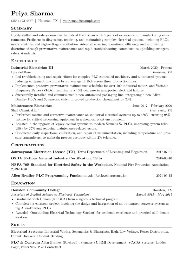 Industrial Electrician Resume Example CV template preview