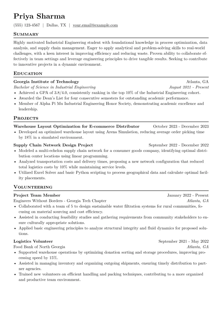 Industrial Engineering Student Resume Example CV template preview
