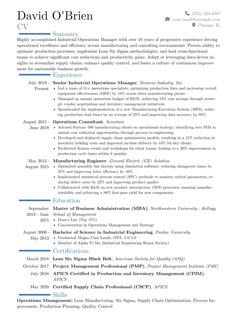 Industrial Operations Manager Resume Example CV template preview