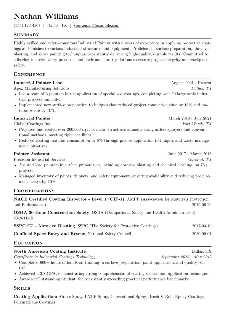 Industrial Painter Resume Example CV template preview