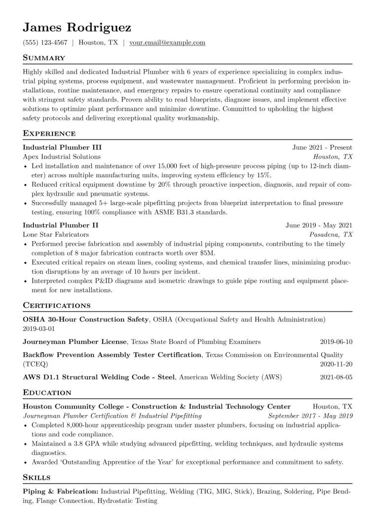 Industrial Plumber Resume Example CV template preview