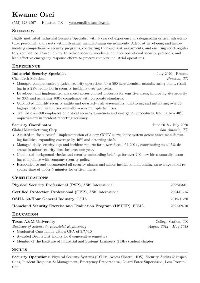 Industrial Security Specialist Resume Example CV template preview