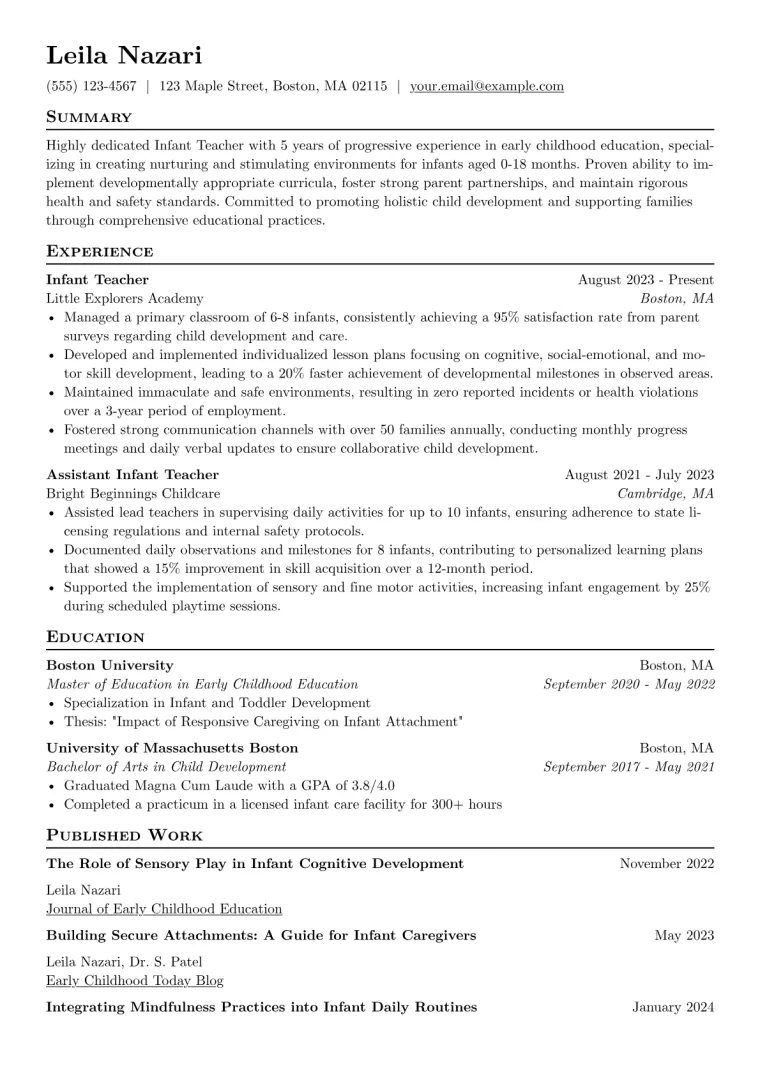 Infant Teacher Resume Example preview