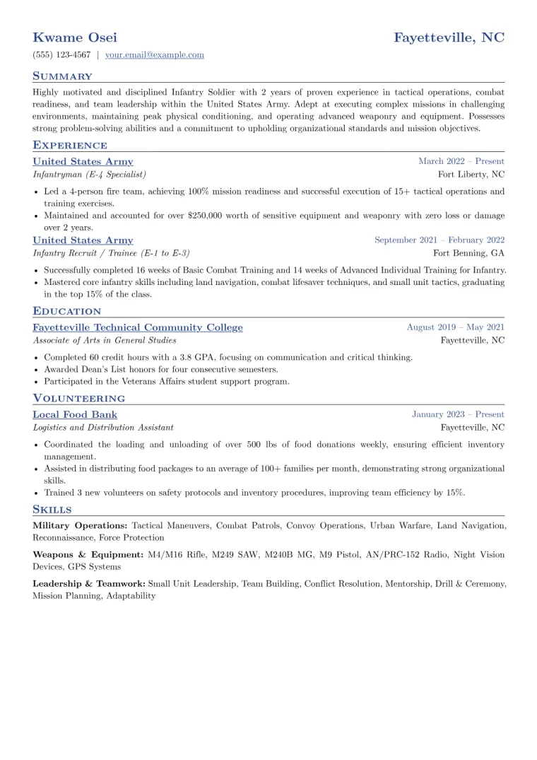 Infantry Soldier Resume Example CV template preview