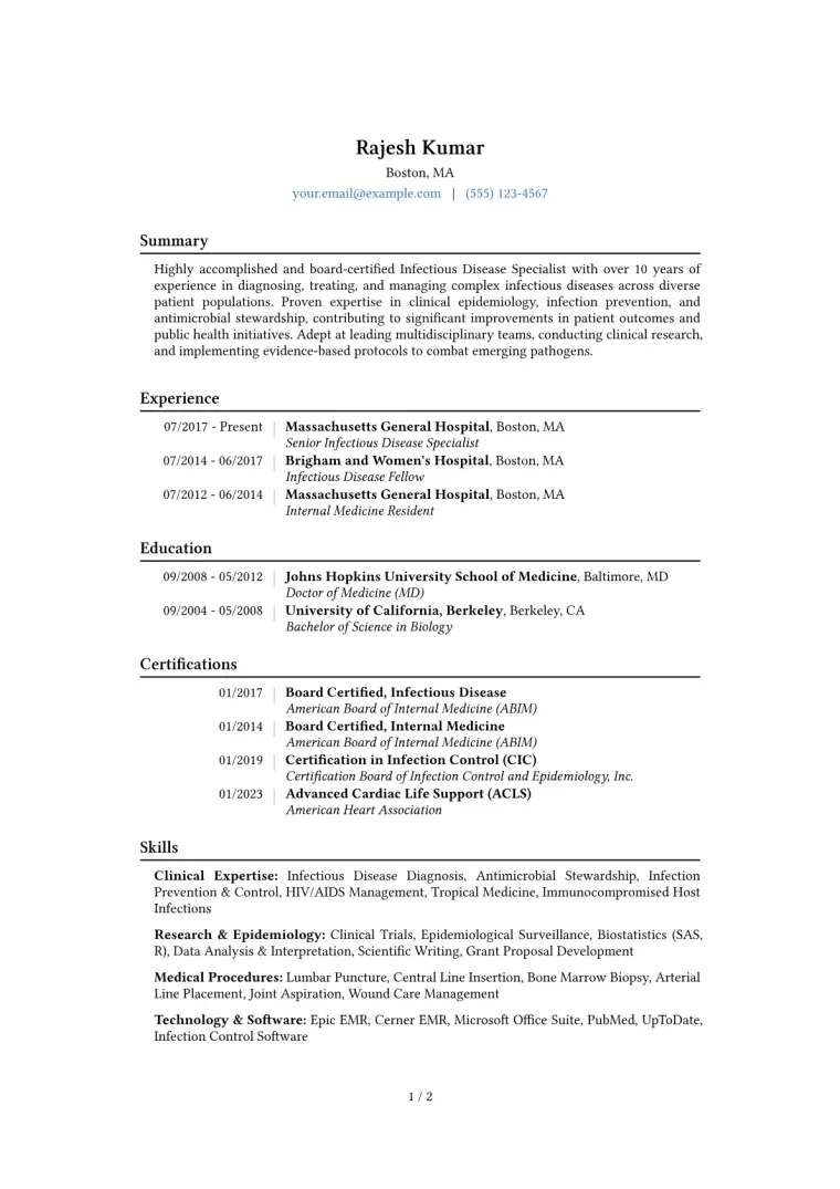 Infectious Disease Specialist Resume Example CV template preview