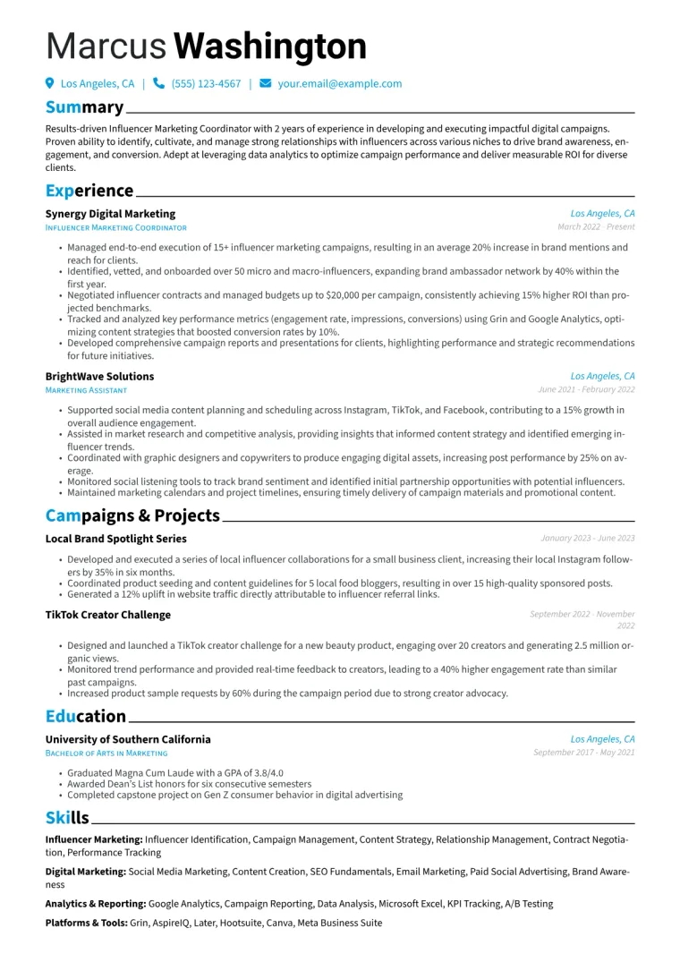 Influencer Marketing Coordinator Resume Example CV template preview