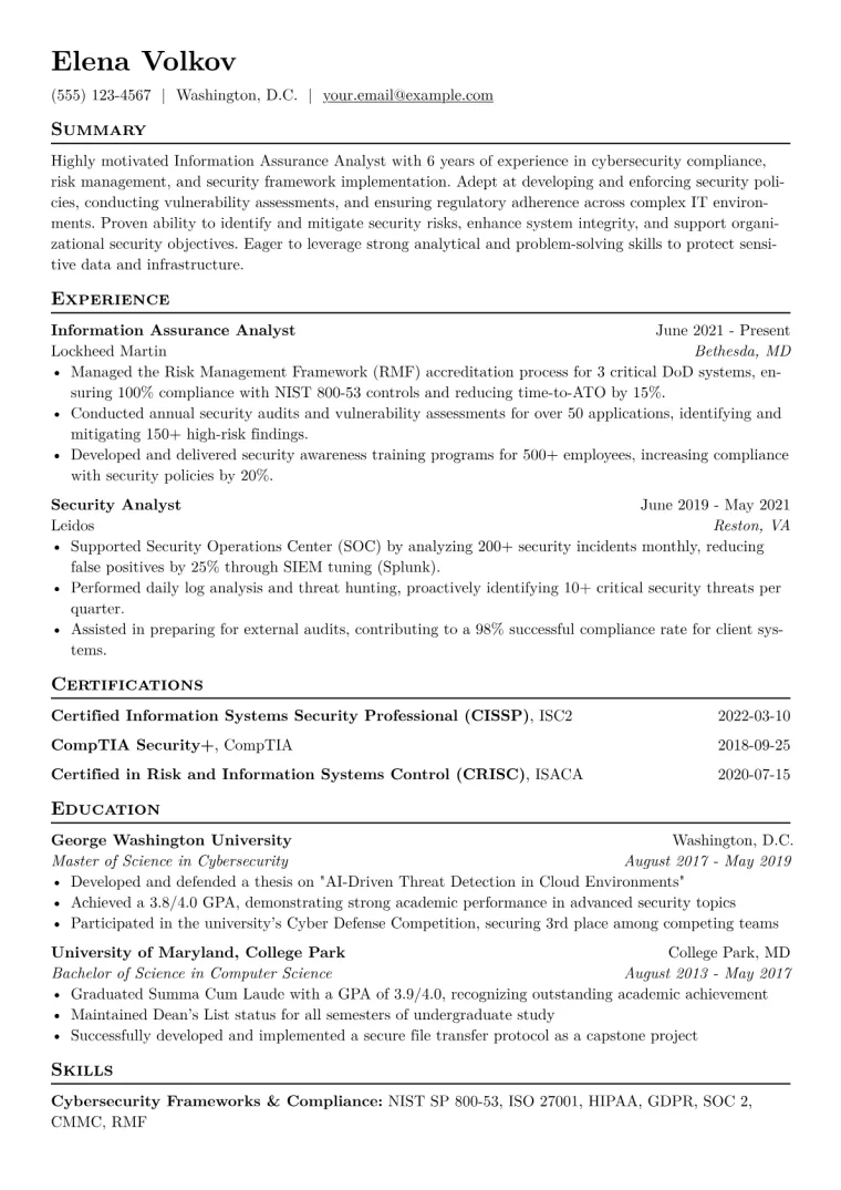 Information Assurance Analyst Resume Example CV template preview