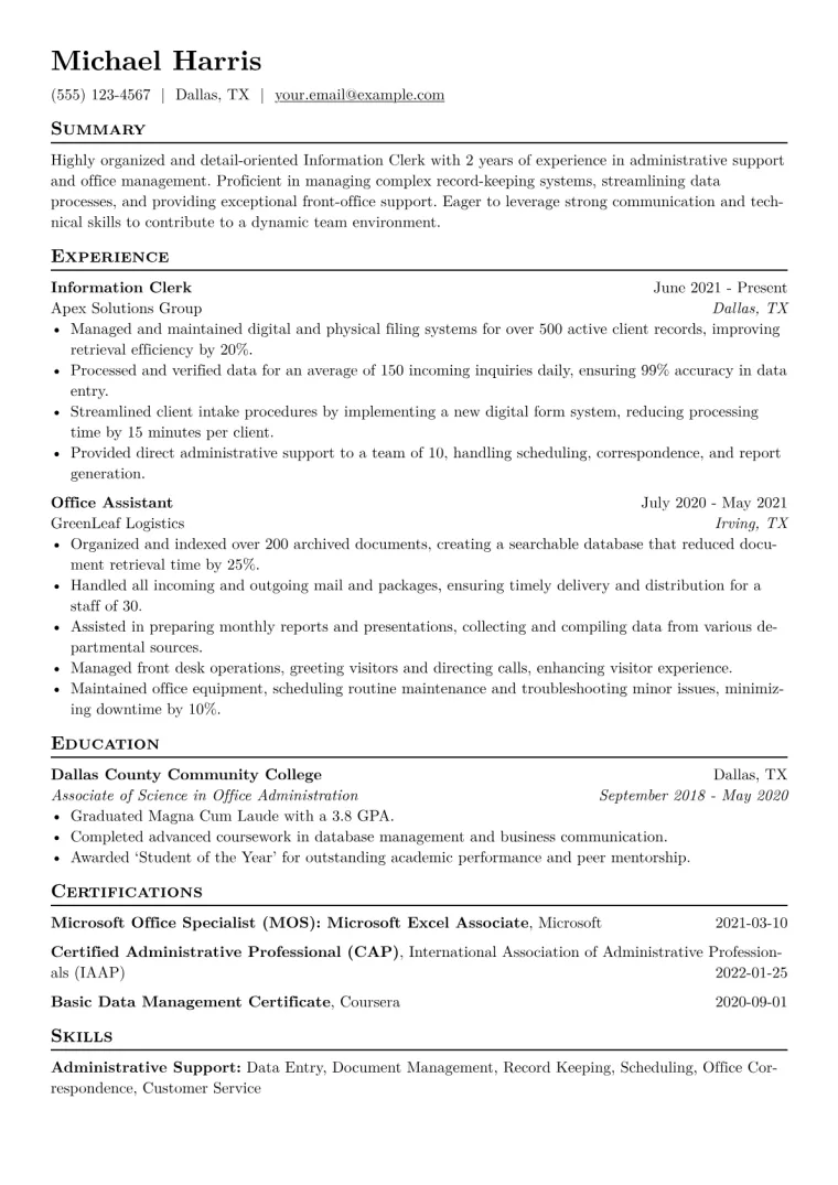 Information Clerk Resume Example CV template preview