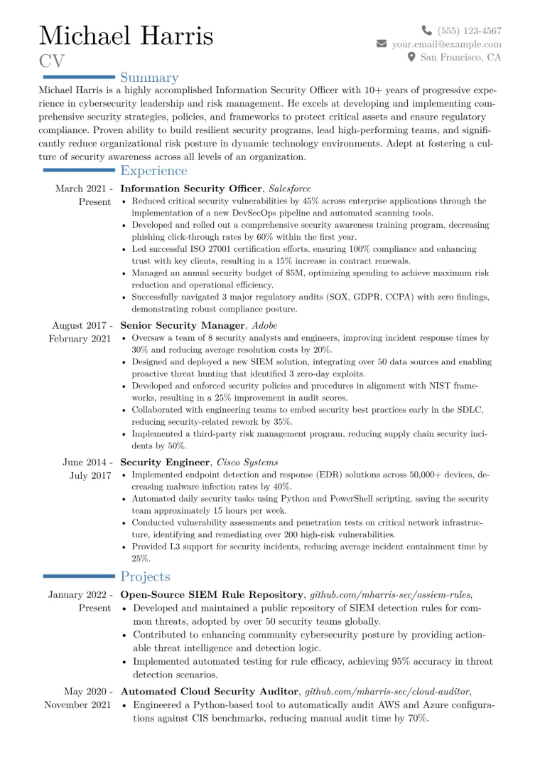 Information Security Officer Resume Example CV template preview