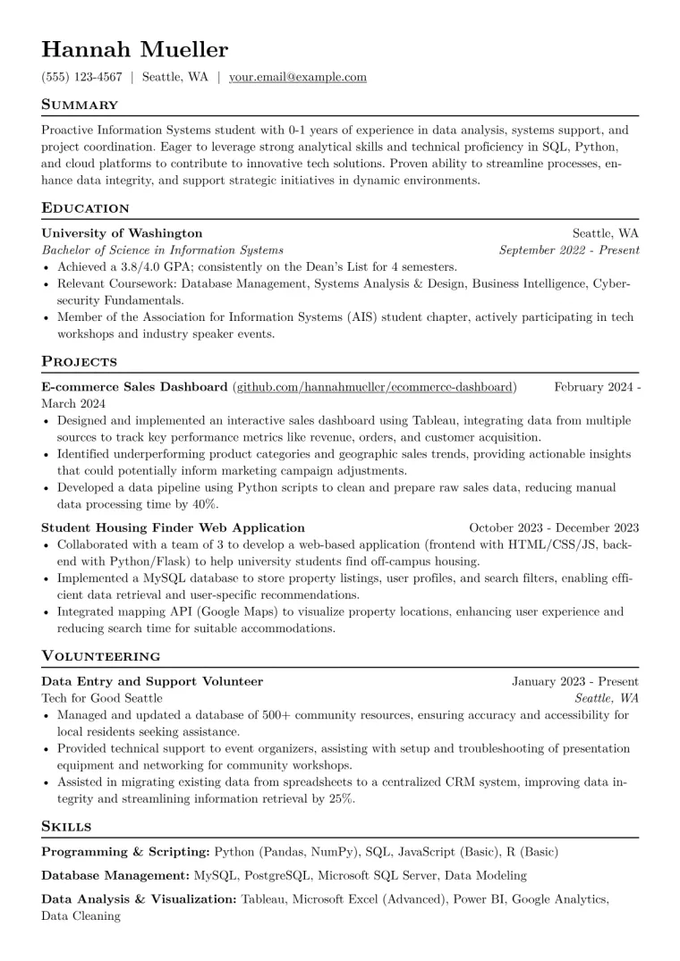 Information Systems Student Resume Example CV template preview