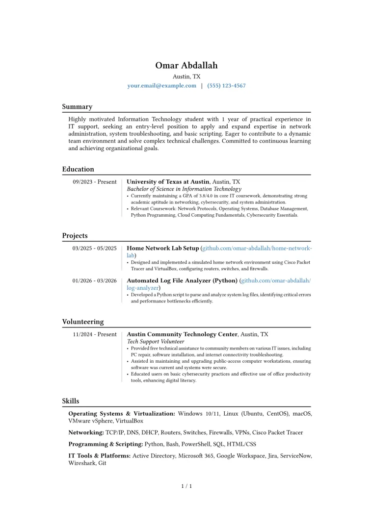 Information Technology Student Resume Example preview