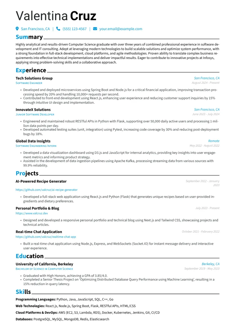 Infosys Resume Example CV template preview