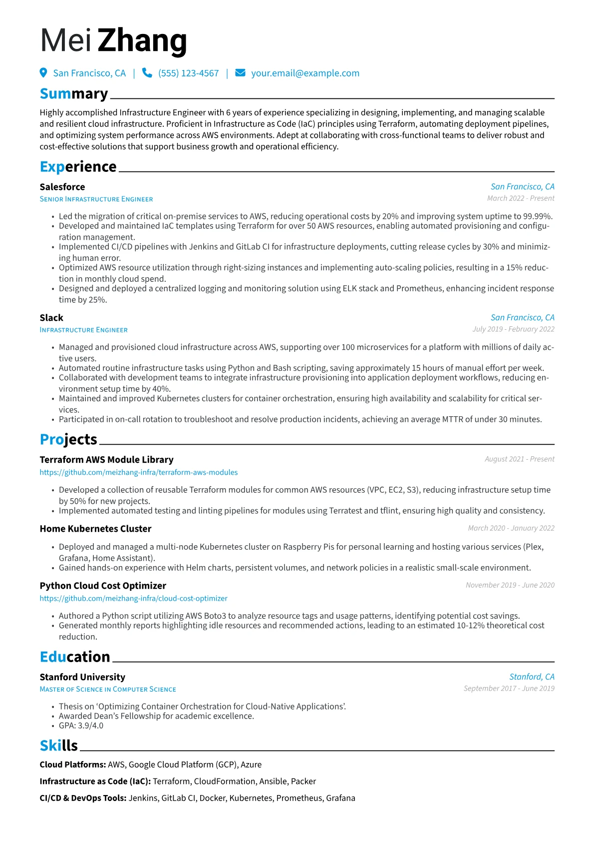 Infrastructure Engineer resume example, page 1