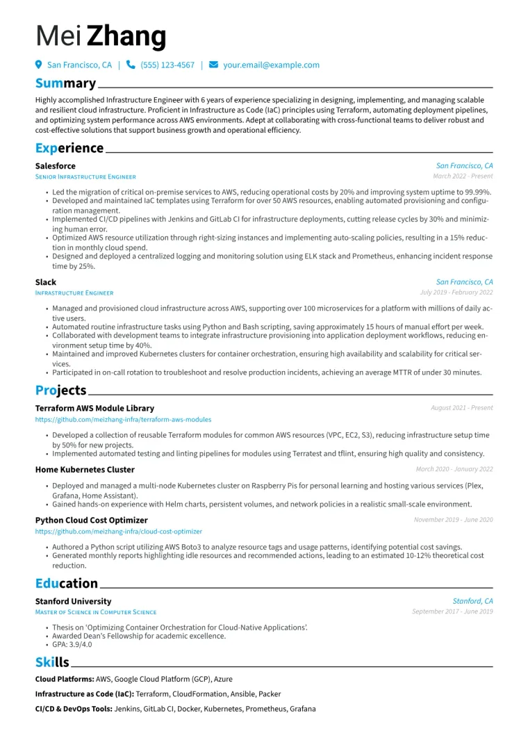 Infrastructure Engineer Resume Example CV template preview
