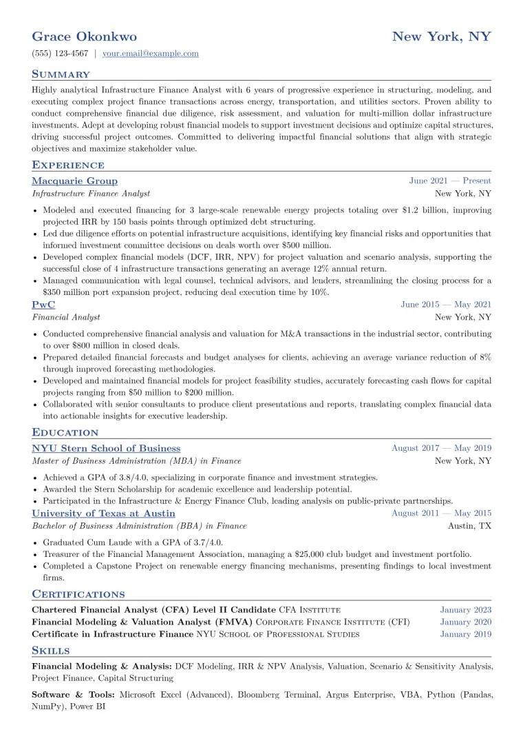 Infrastructure Finance Analyst Resume Example CV template preview