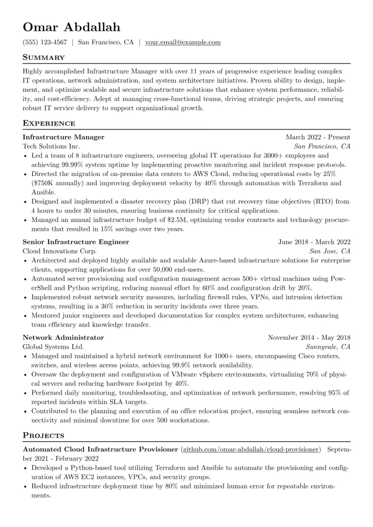 Infrastructure Manager Resume Example CV template preview