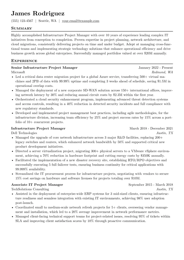 Infrastructure Project Manager Resume Example CV template preview