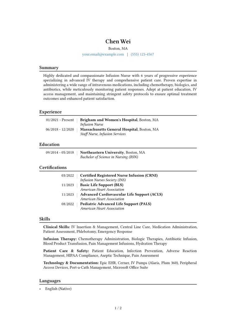 Infusion Nurse Resume Example CV template preview