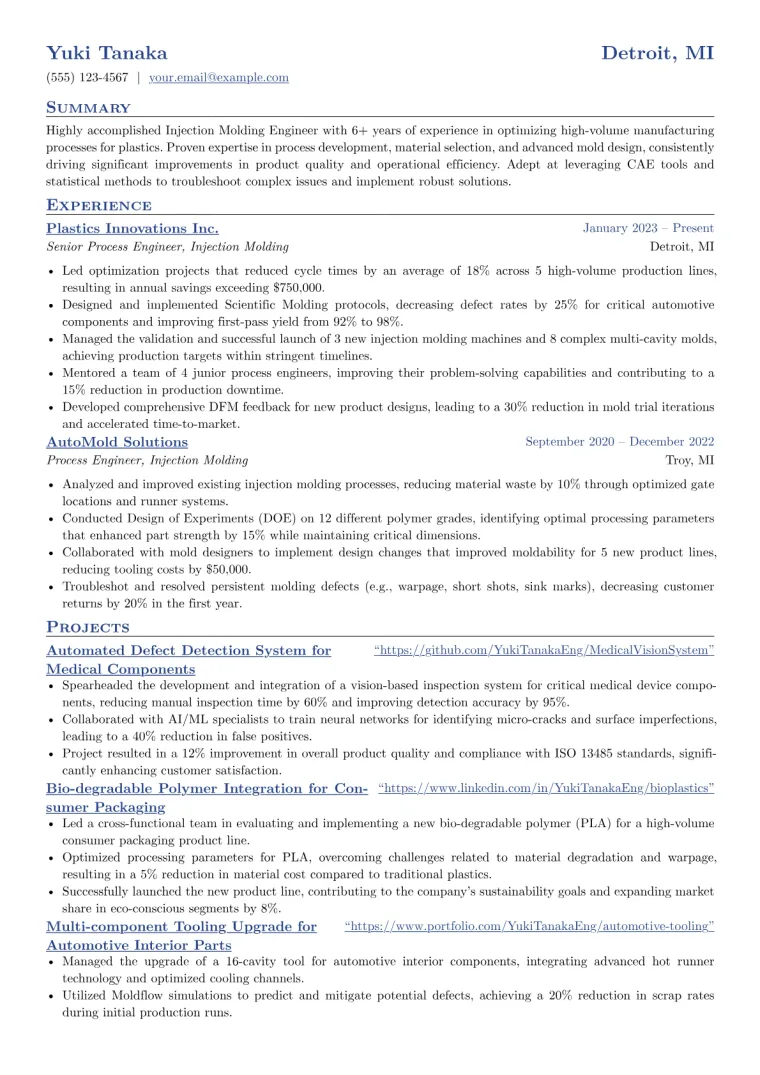 Injection Molding Engineer Resume Example CV template preview