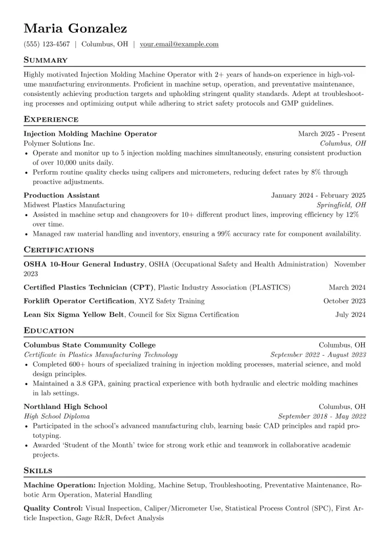 Injection Molding Machine Operator Resume Example CV template preview