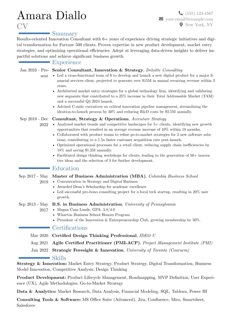 Innovation Consultant Resume Example preview