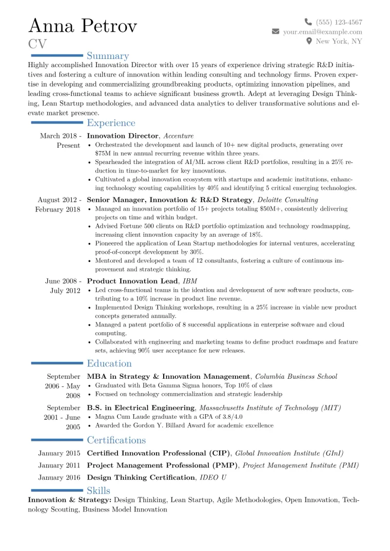 Innovation Director Resume Example CV template preview