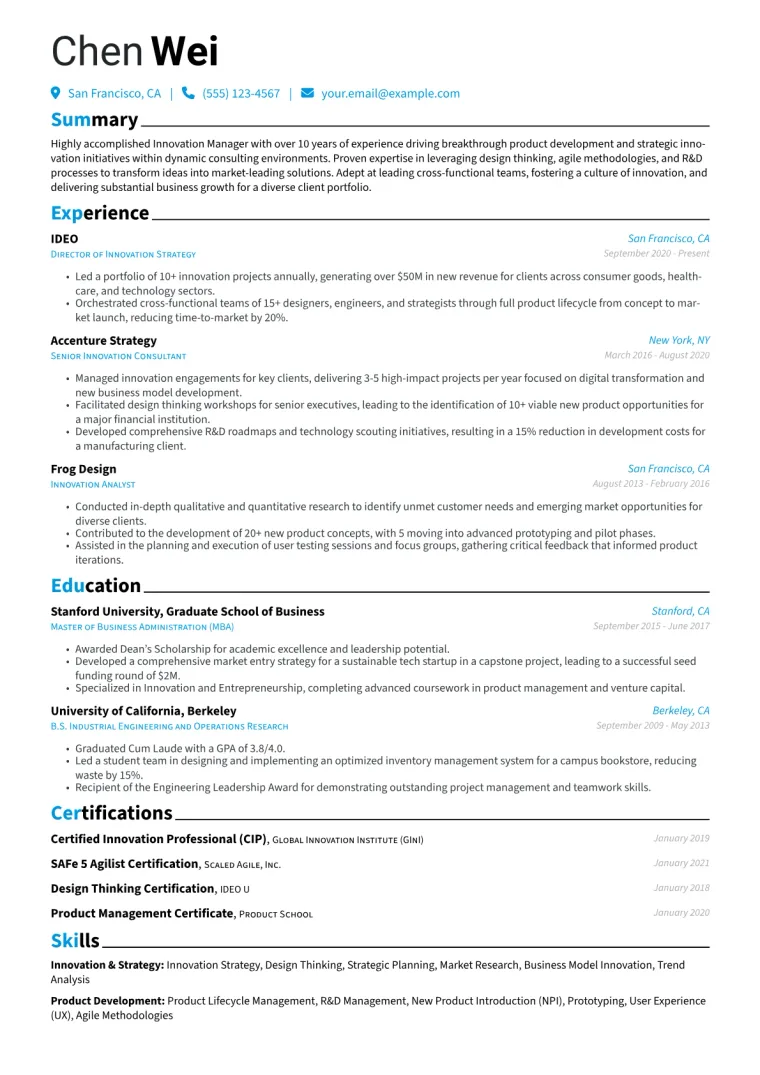 Innovation Manager Resume Example CV template preview