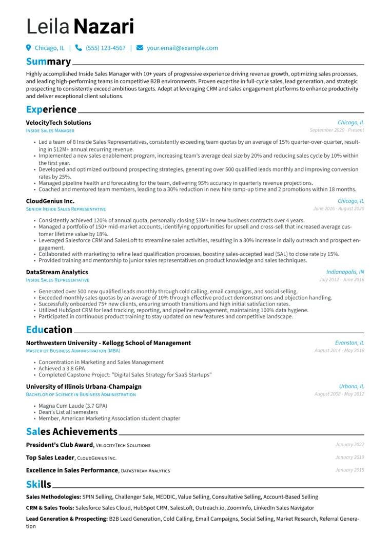 Inside Sales Manager Resume Example CV template preview