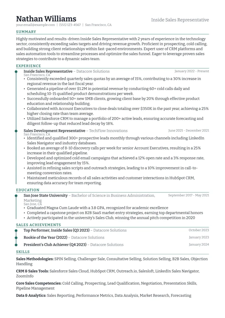 Inside Sales Representative Resume Example CV template preview