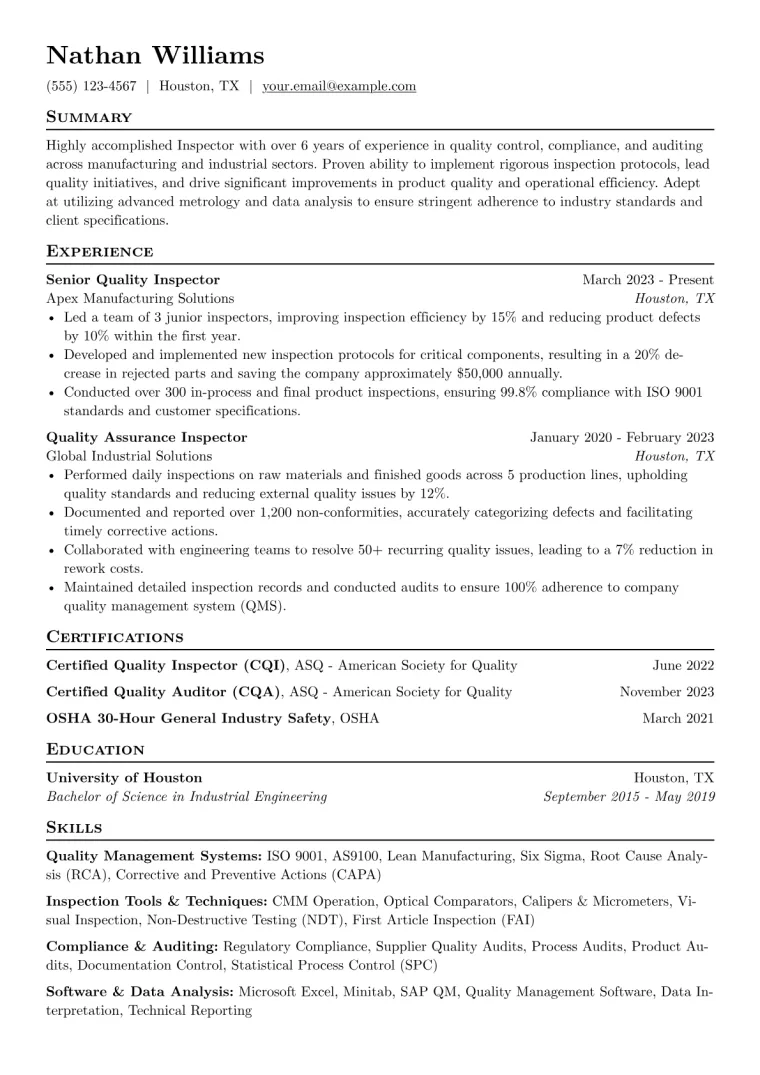 Inspector Resume Example preview