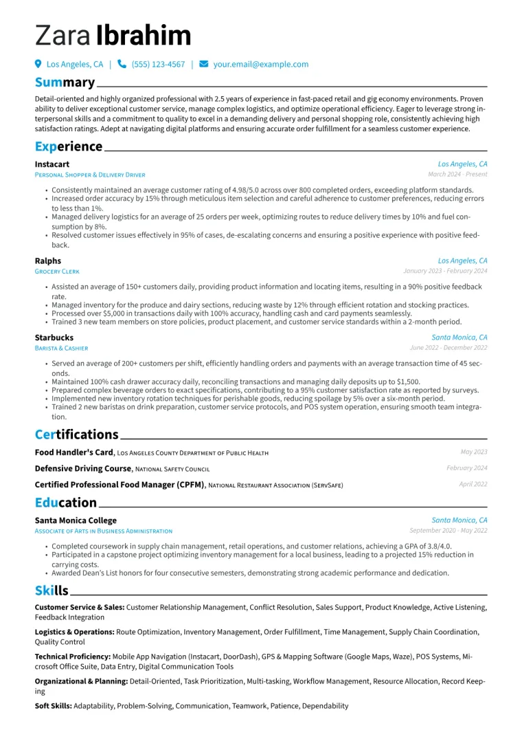 Instacart Resume Example CV template preview