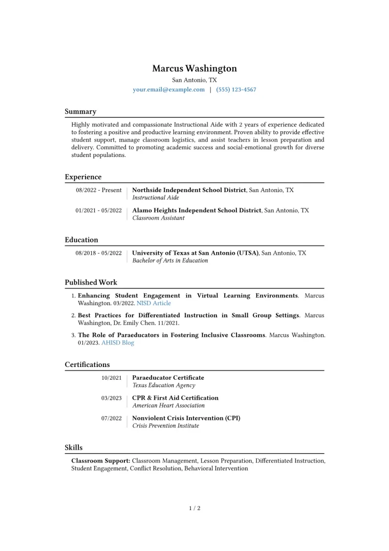 Instructional Aide Resume Example CV template preview
