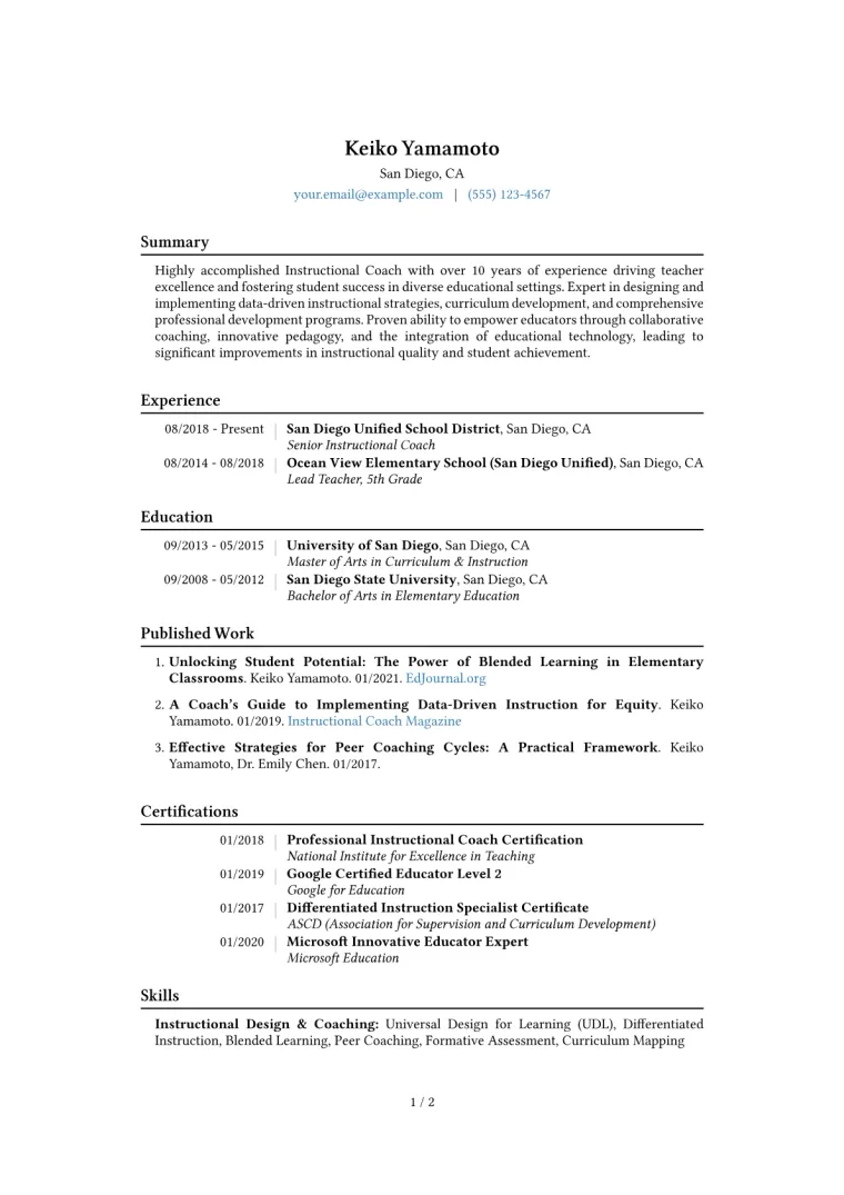 Instructional Coach Resume Example CV template preview