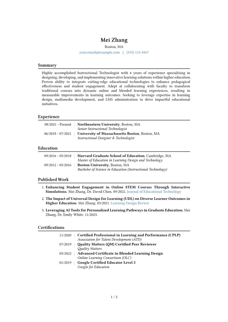 Instructional Technologist Resume Example CV template preview