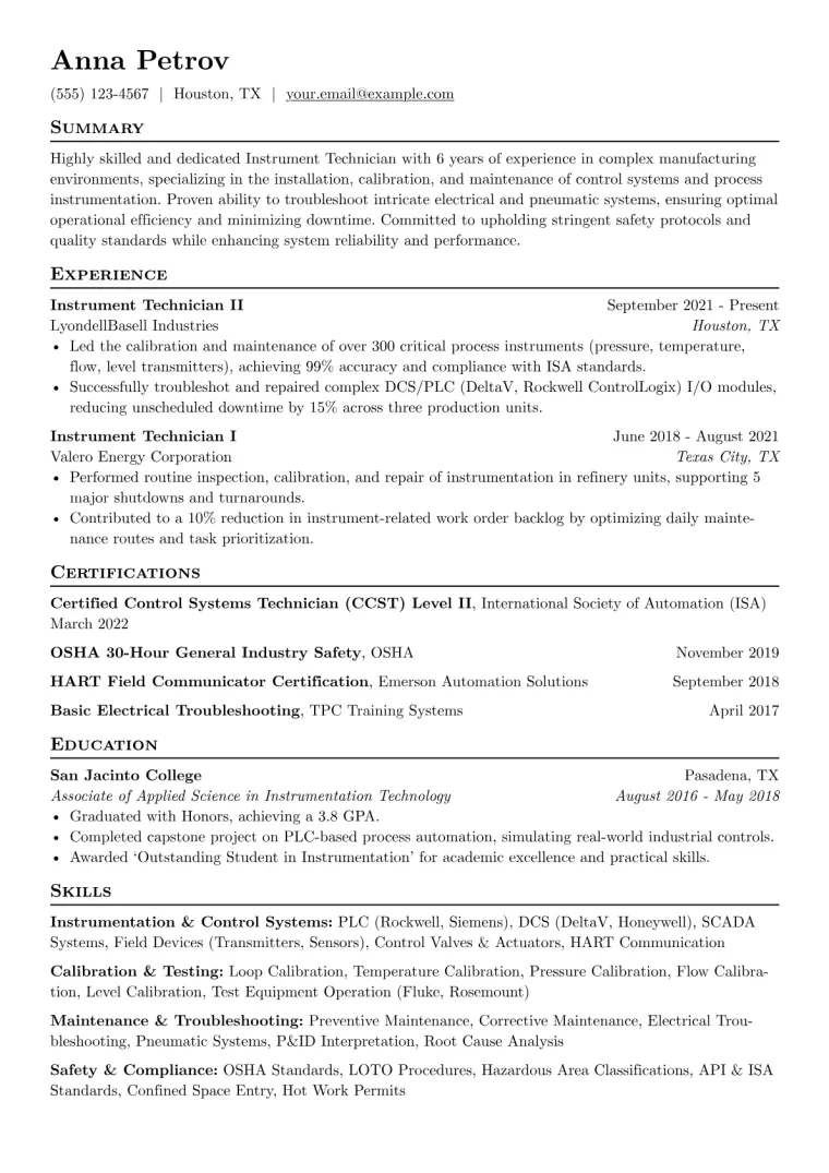 Instrument Technician Resume Example CV template preview