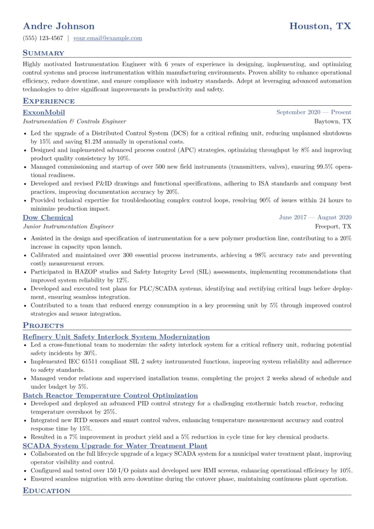 Instrumentation Engineer Resume Example CV template preview