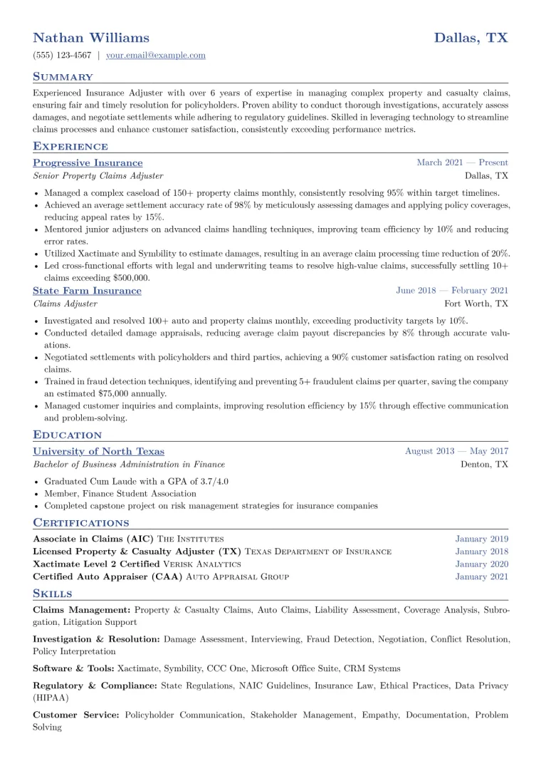 Insurance Adjuster Resume Example CV template preview